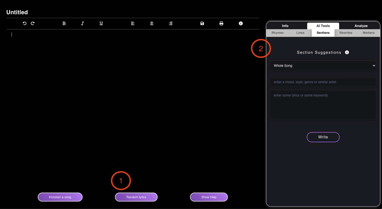 Staccato Lyrics Interface Idea Generator